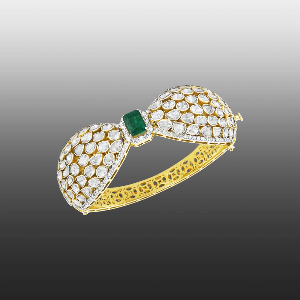 Bangle with Polki Bow Motif and Green Colourstone Centerstone
